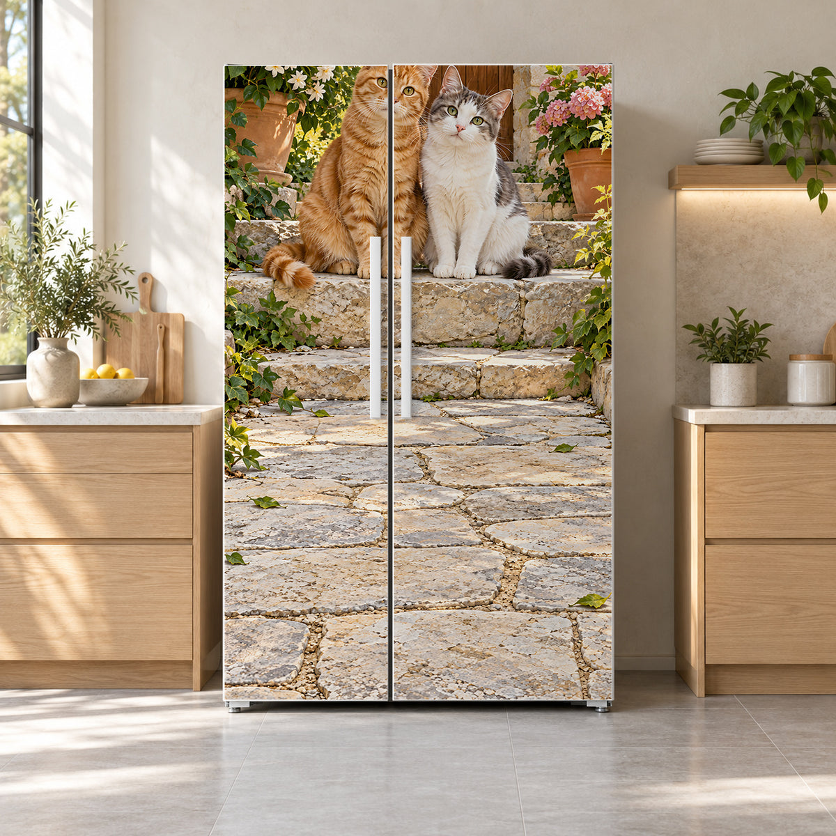 Cute Kittens fridge wrap on a side-by-side refrigerator