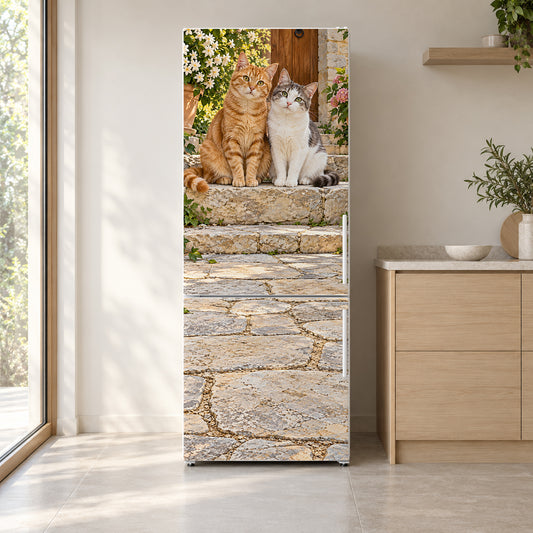 Cute Kittens fridge wrap on a white refrigerator in a bright kitchen