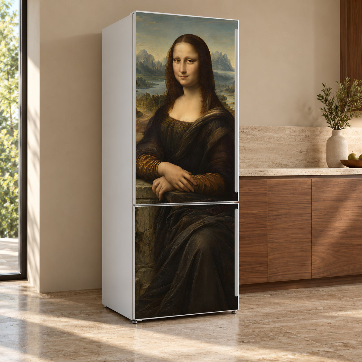 Da Vinci Inspired Mona Lisa fridge wrap, refrigerator shown at an angle