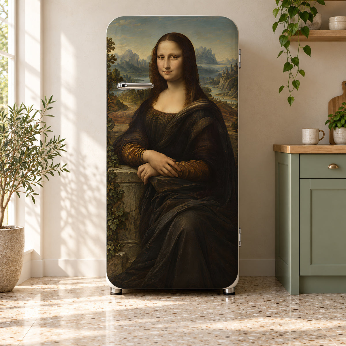 Da Vinci Inspired Mona Lisa fridge wrap on a retro refrigerator
