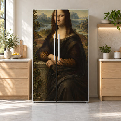 Da Vinci Inspired Mona Lisa fridge wrap on a side-by-side refrigerator