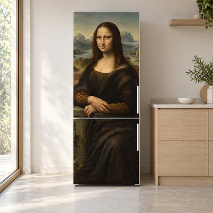 Da Vinci Inspired Mona Lisa fridge wrap on a white refrigerator in a bright kitchen