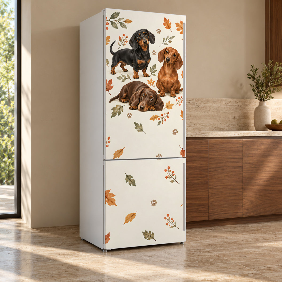 Dachshunds fridge wrap, refrigerator shown at an angle
