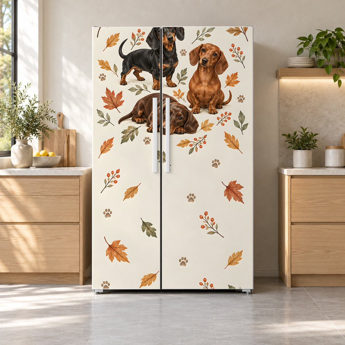 Dachshunds fridge wrap on a side-by-side refrigerator