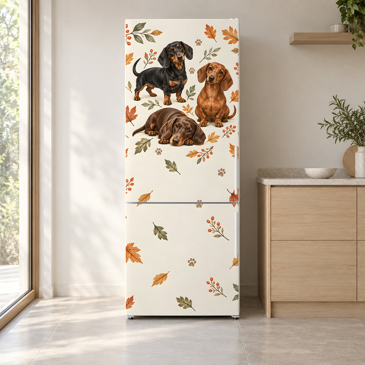 Dachshunds fridge wrap on a white refrigerator in a bright kitchen