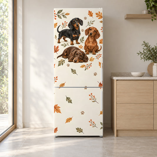 Dachshunds fridge wrap on a white refrigerator in a bright kitchen
