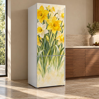 Daffodils fridge wrap, refrigerator shown at an angle