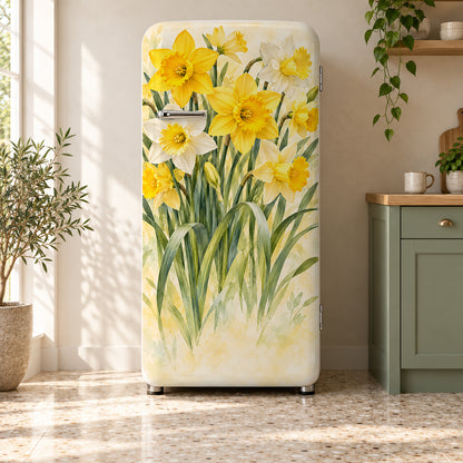 Daffodils fridge wrap on a retro refrigerator