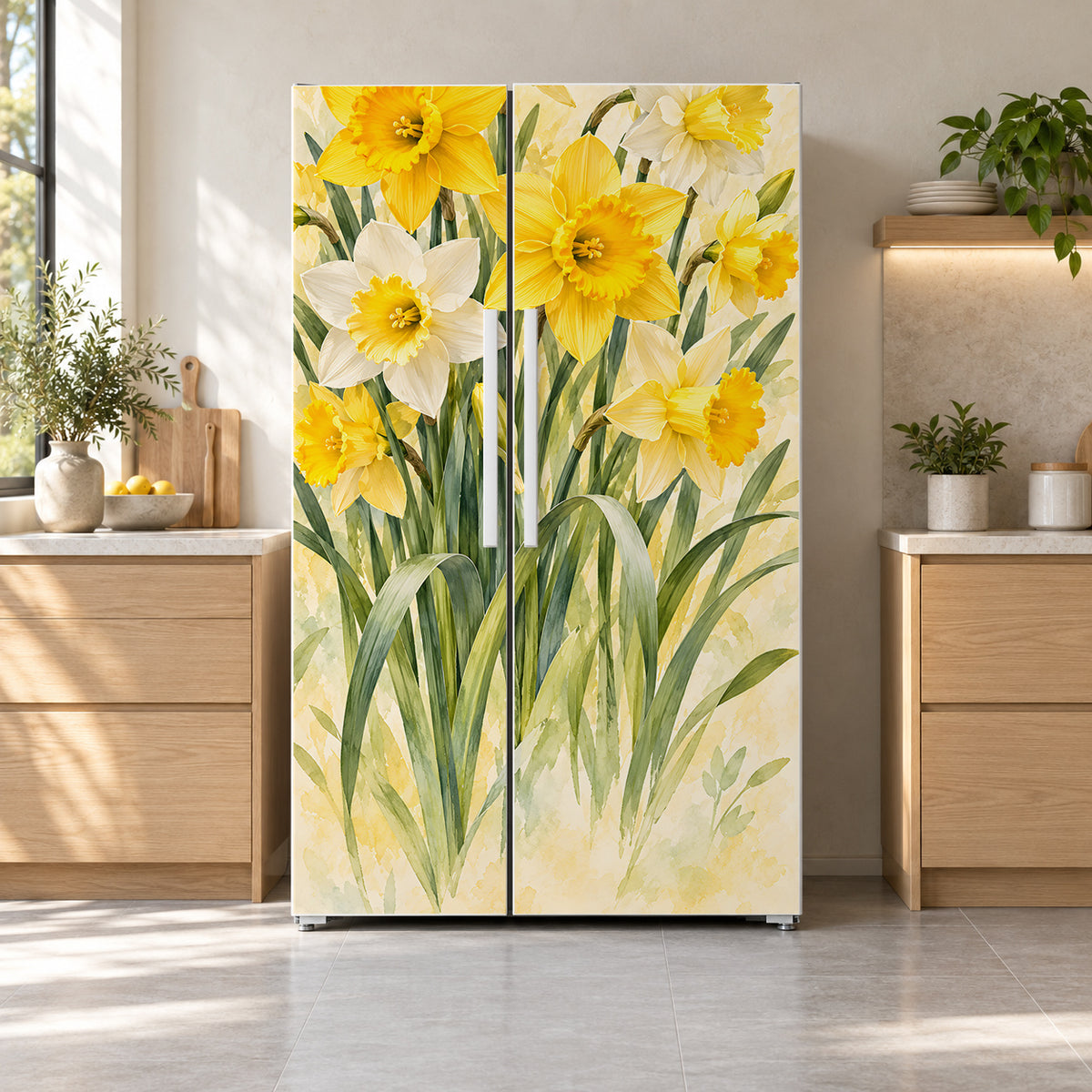 Daffodils fridge wrap on a side-by-side refrigerator