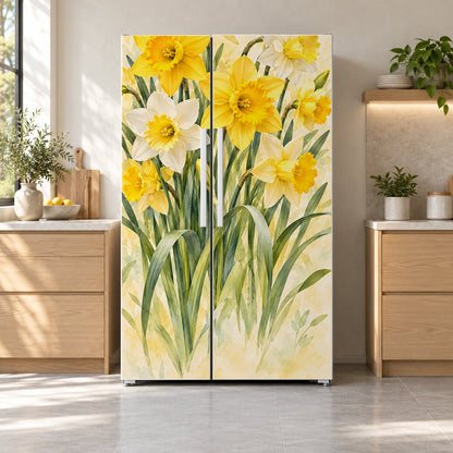 Daffodils fridge wrap on a side-by-side refrigerator