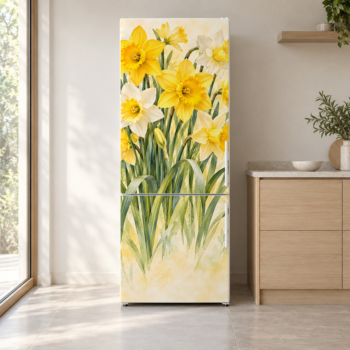 Daffodils fridge wrap on a white refrigerator in a bright kitchen