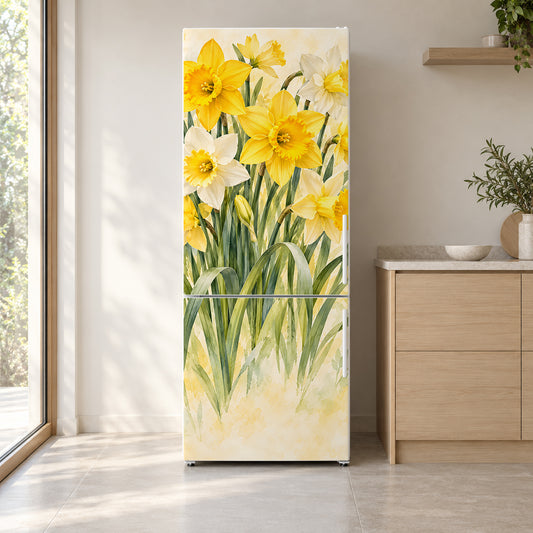 Daffodils fridge wrap on a white refrigerator in a bright kitchen