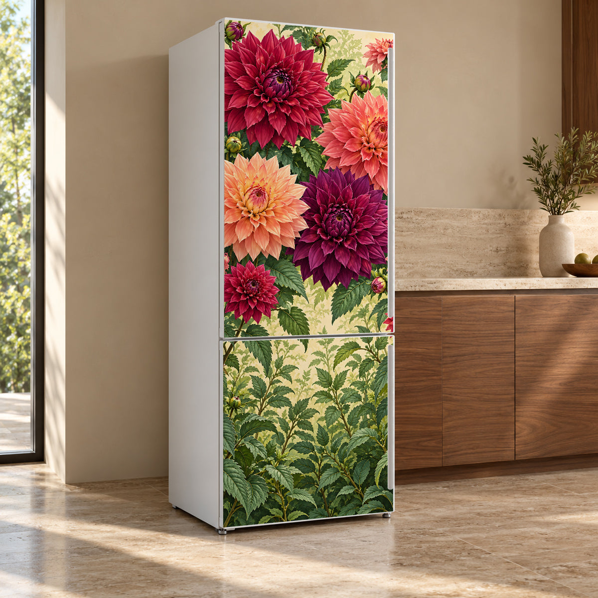 Dahlias fridge wrap, refrigerator shown at an angle