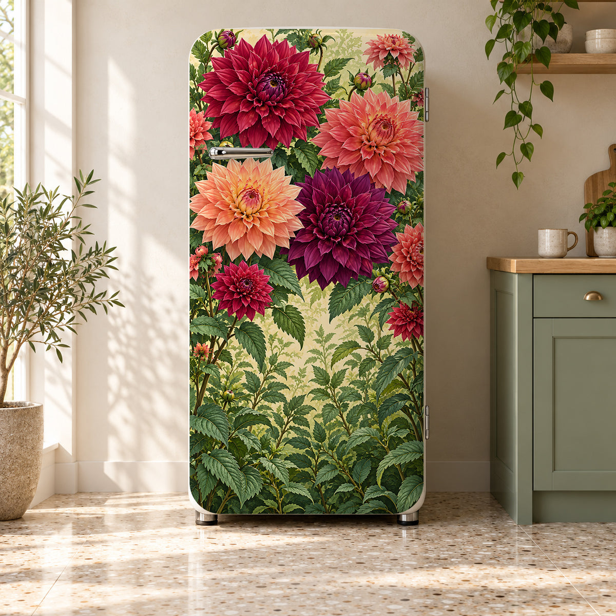 Dahlias fridge wrap on a retro refrigerator