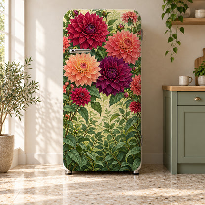 Dahlias fridge wrap on a retro refrigerator