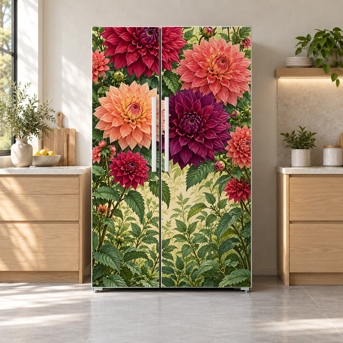 Dahlias fridge wrap on a side-by-side refrigerator