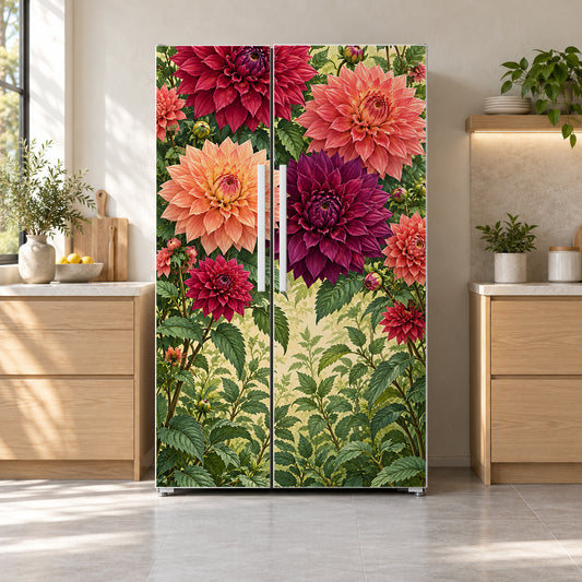 Dahlias fridge wrap on a side-by-side refrigerator
