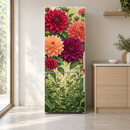 Dahlias fridge wrap on a white refrigerator in a bright kitchen