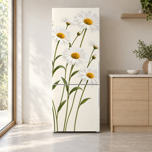 Daisy Meadow fridge wrap on a white refrigerator in a bright kitchen
