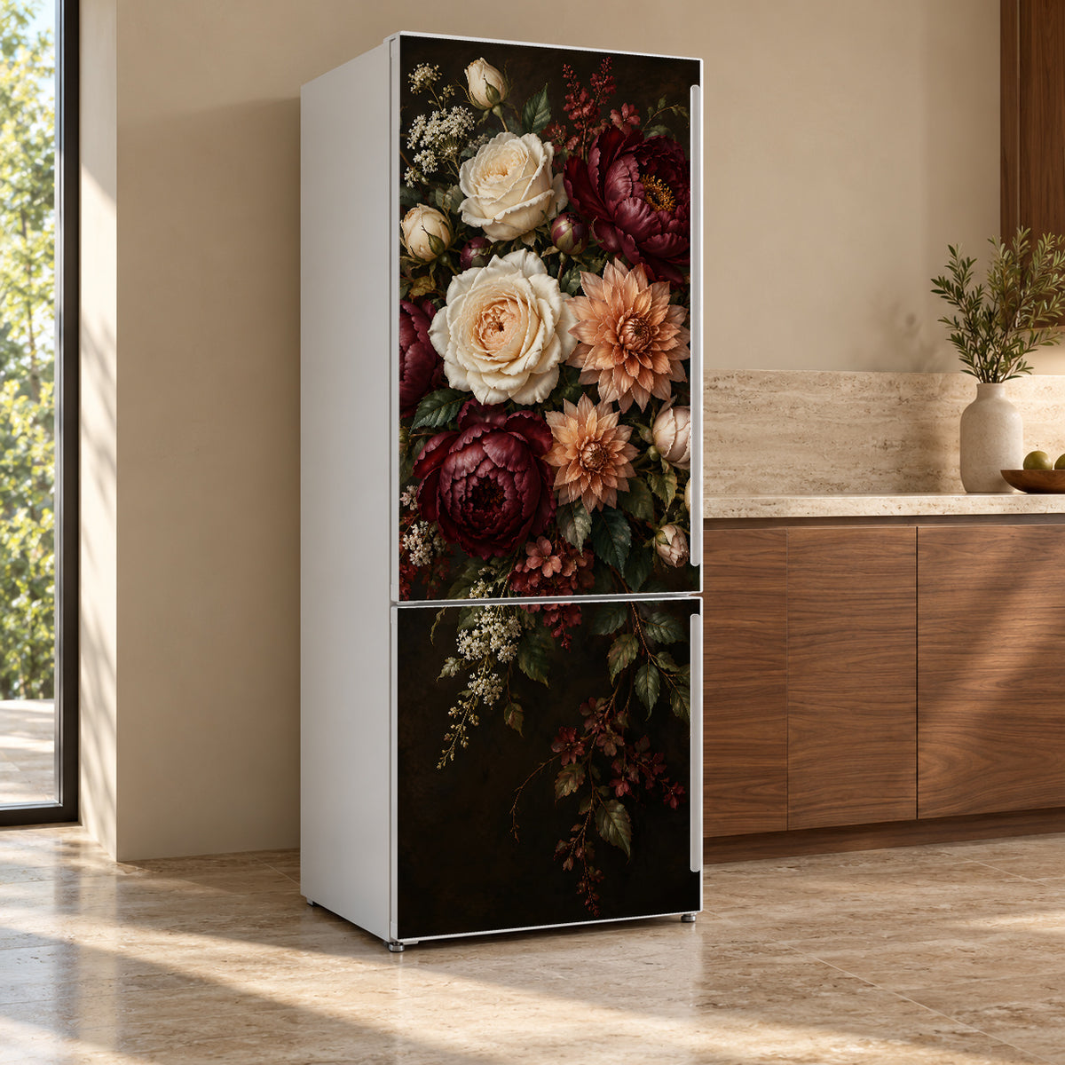 Dark Moody Floral fridge wrap, refrigerator shown at an angle