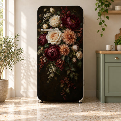 Dark Moody Floral fridge wrap on a retro refrigerator