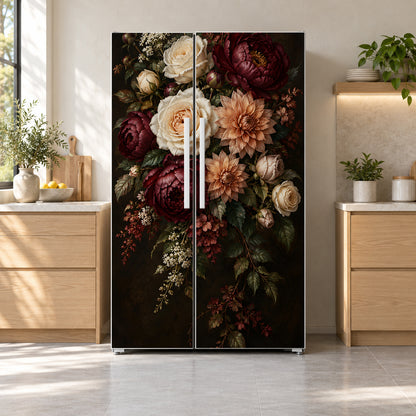 Dark Moody Floral fridge wrap on a side-by-side refrigerator