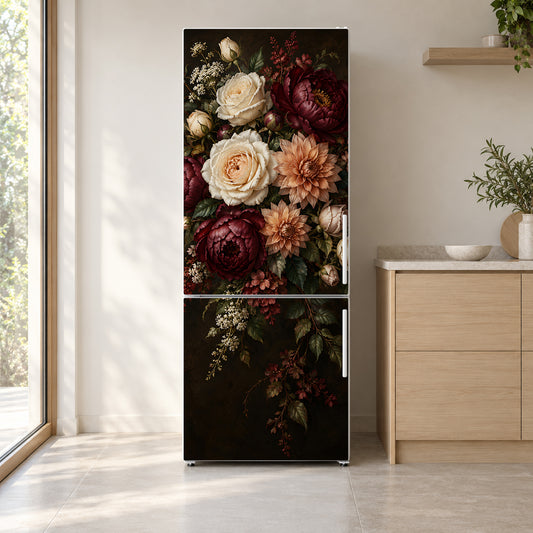 Dark Moody Floral fridge wrap on a white refrigerator in a bright kitchen