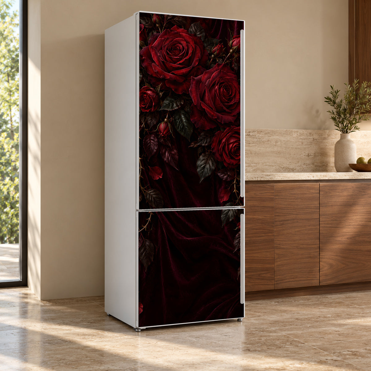 Dark Romantic Roses fridge wrap, refrigerator shown at an angle