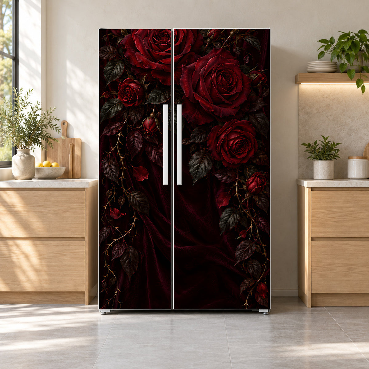Dark Romantic Roses fridge wrap on a side-by-side refrigerator
