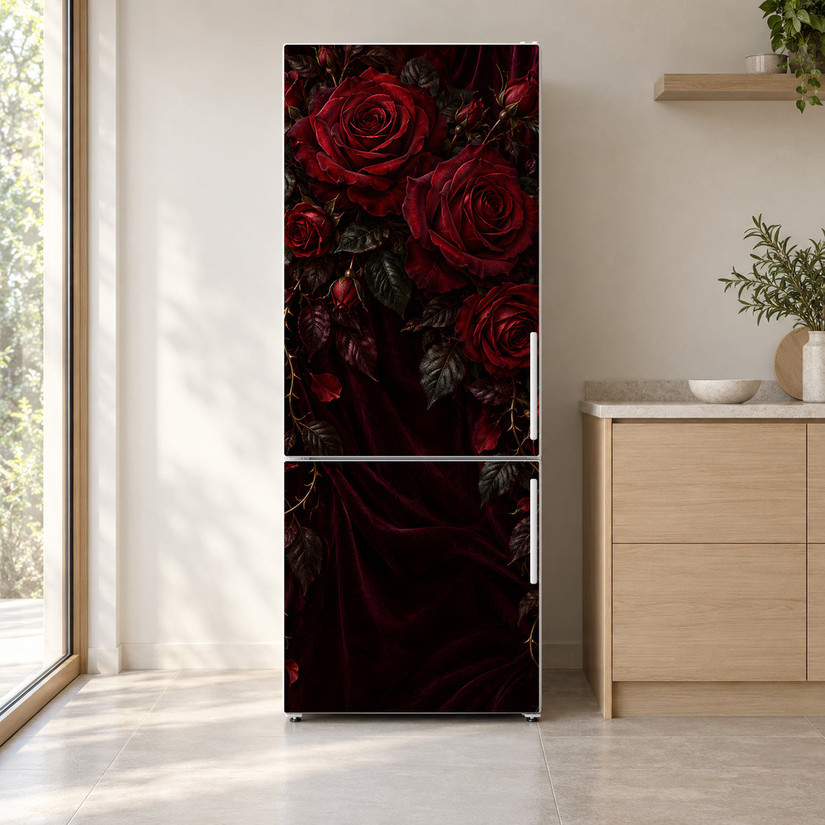 Dark Romantic Roses fridge wrap on a white refrigerator in a bright kitchen