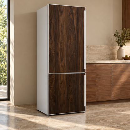 Dark Walnut Wood fridge wrap, refrigerator shown at an angle