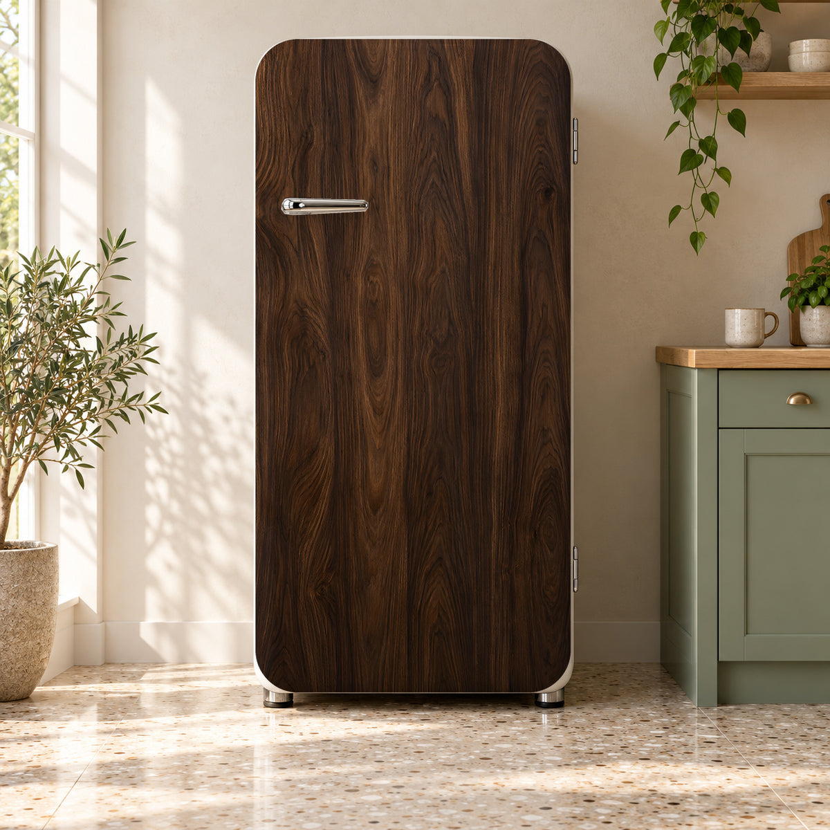 Dark Walnut Wood fridge wrap on a retro refrigerator