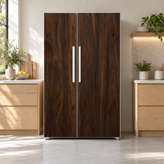 Dark Walnut Wood fridge wrap on a side-by-side refrigerator
