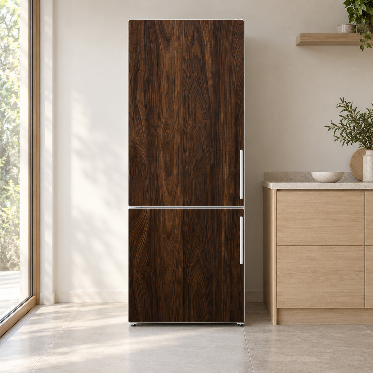 Dark Walnut Wood fridge wrap on a white refrigerator in a bright kitchen