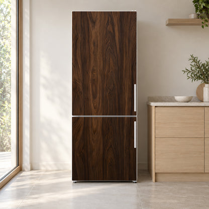 Dark Walnut Wood fridge wrap on a white refrigerator in a bright kitchen