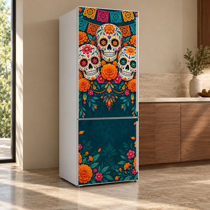 Day of the Dead Sugar Skulls fridge wrap, refrigerator shown at an angle