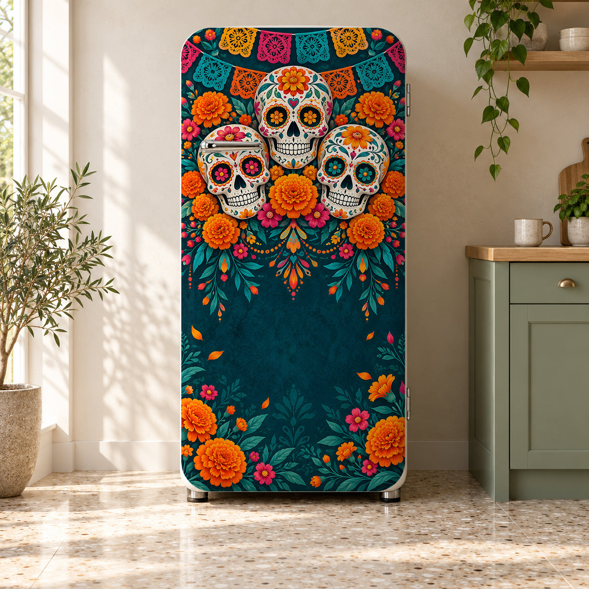 Day of the Dead Sugar Skulls fridge wrap on a retro refrigerator