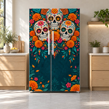 Day of the Dead Sugar Skulls fridge wrap on a side-by-side refrigerator