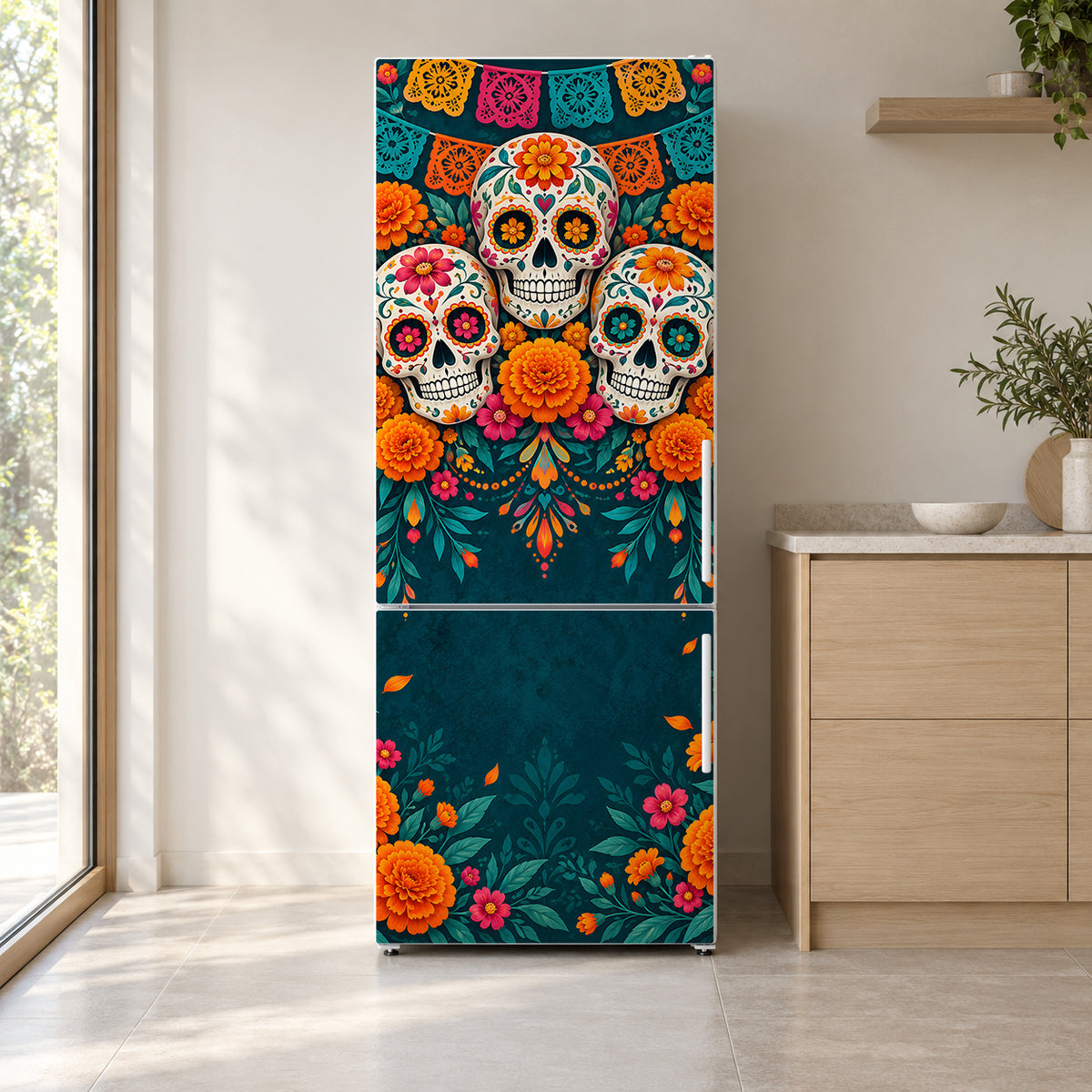 Day of the Dead Sugar Skulls fridge wrap on a white refrigerator in a bright kitchen