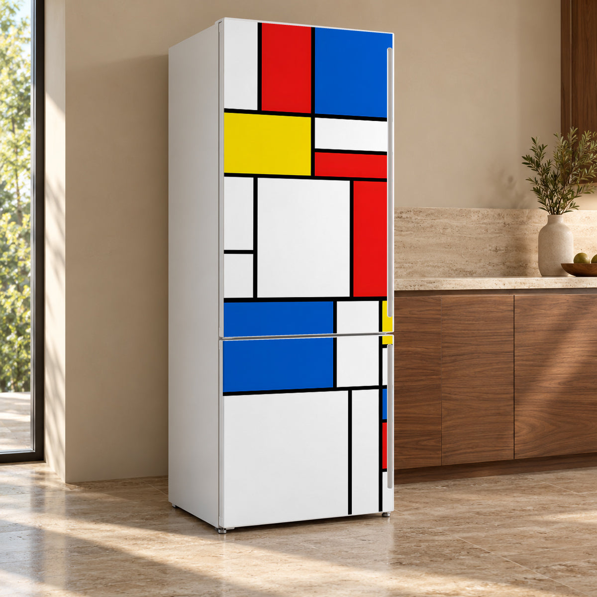 De Stijl Color Block Grid fridge wrap, refrigerator shown at an angle