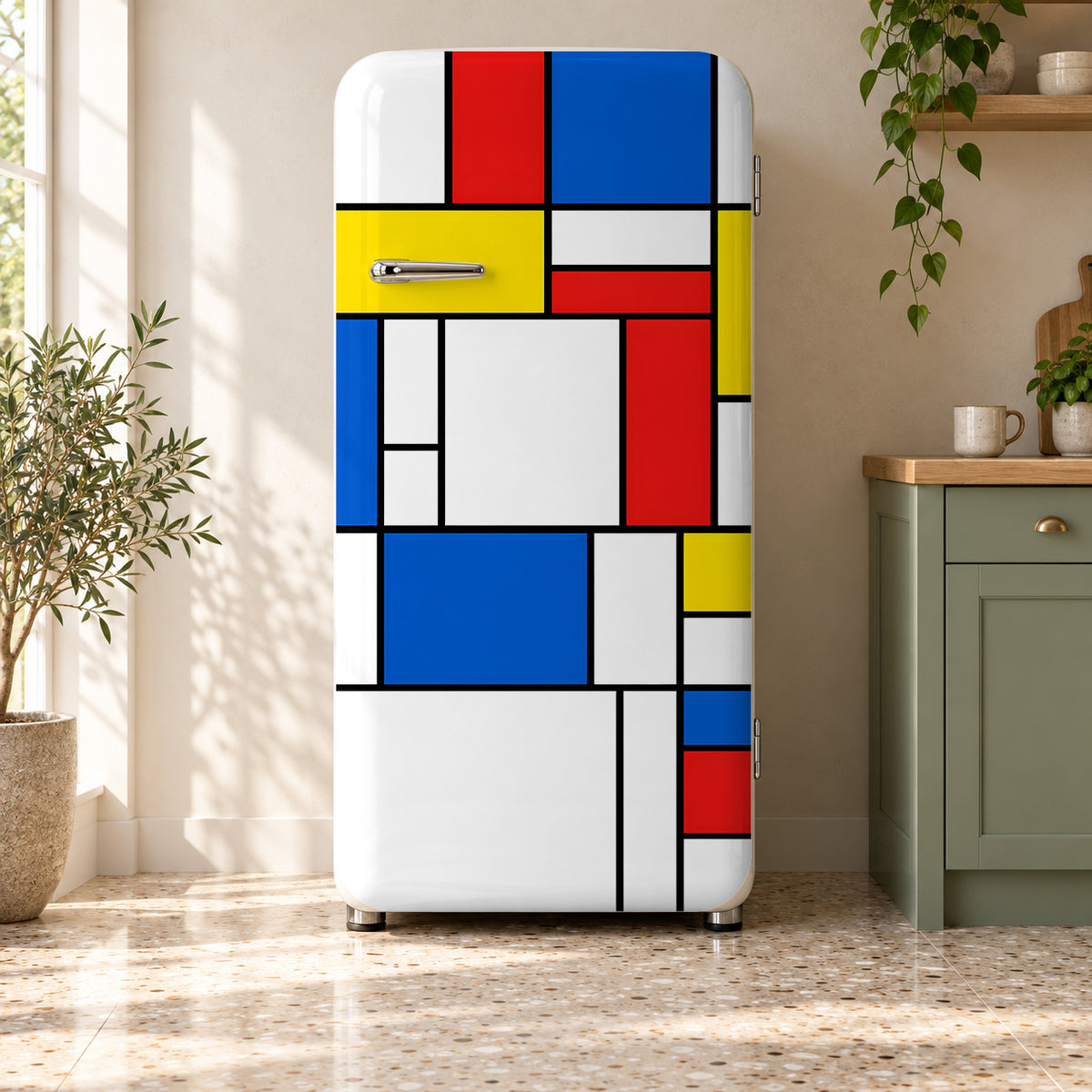 De Stijl Color Block Grid fridge wrap on a retro refrigerator