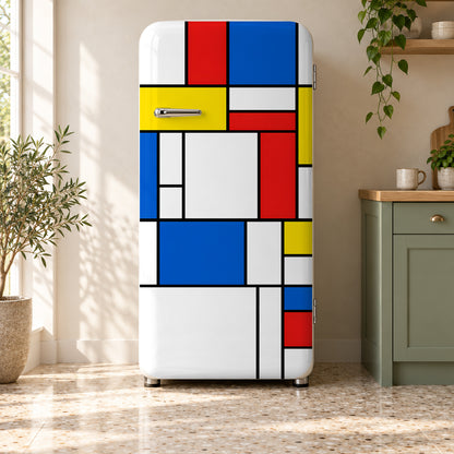De Stijl Color Block Grid fridge wrap on a retro refrigerator