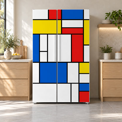 De Stijl Color Block Grid fridge wrap on a side-by-side refrigerator