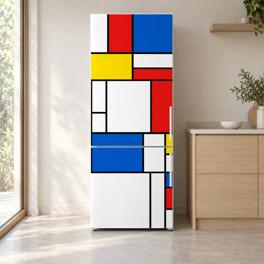 De Stijl Color Block Grid fridge wrap on a white refrigerator in a bright kitchen