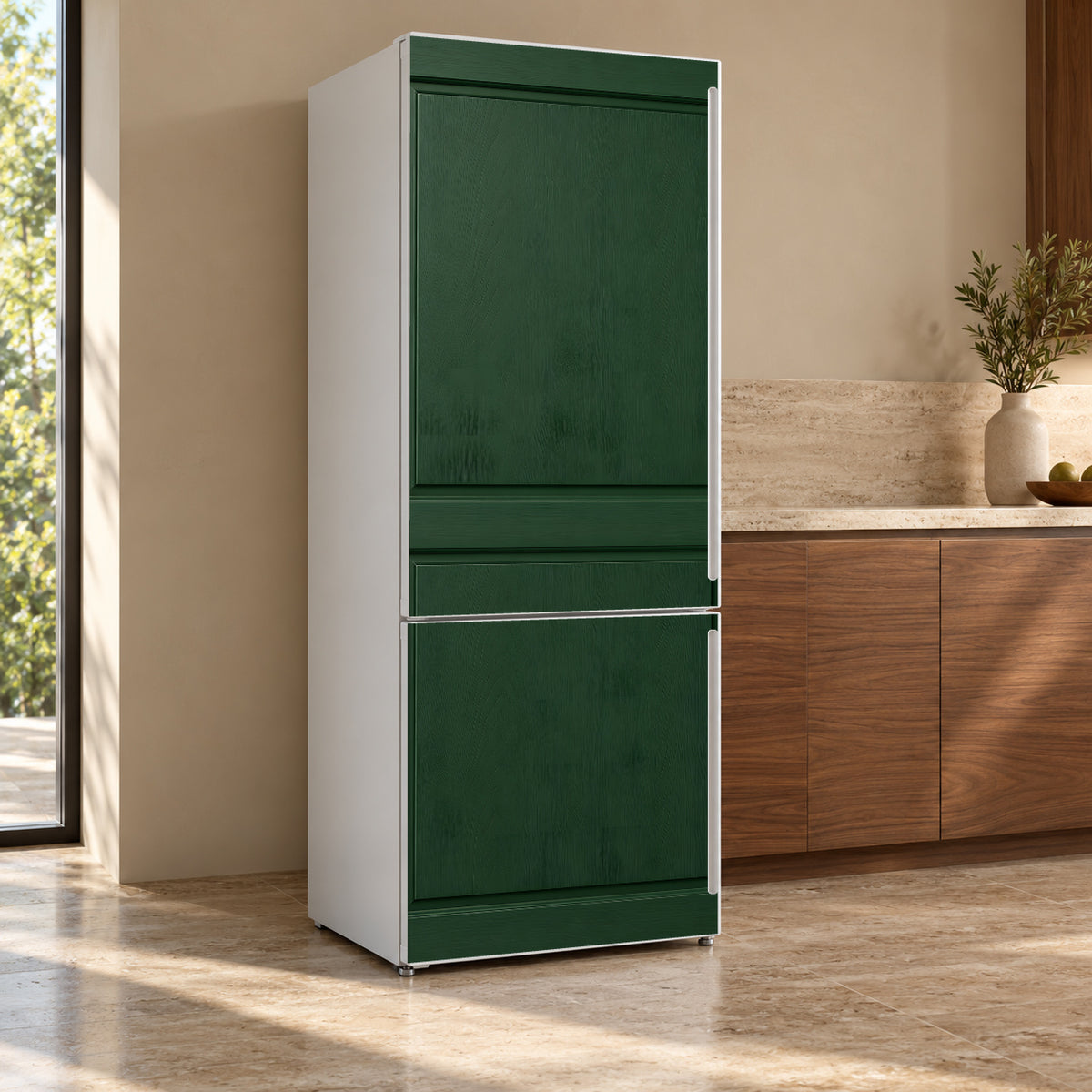 Deep Green Shaker Cabinet Look fridge wrap, refrigerator shown at an angle