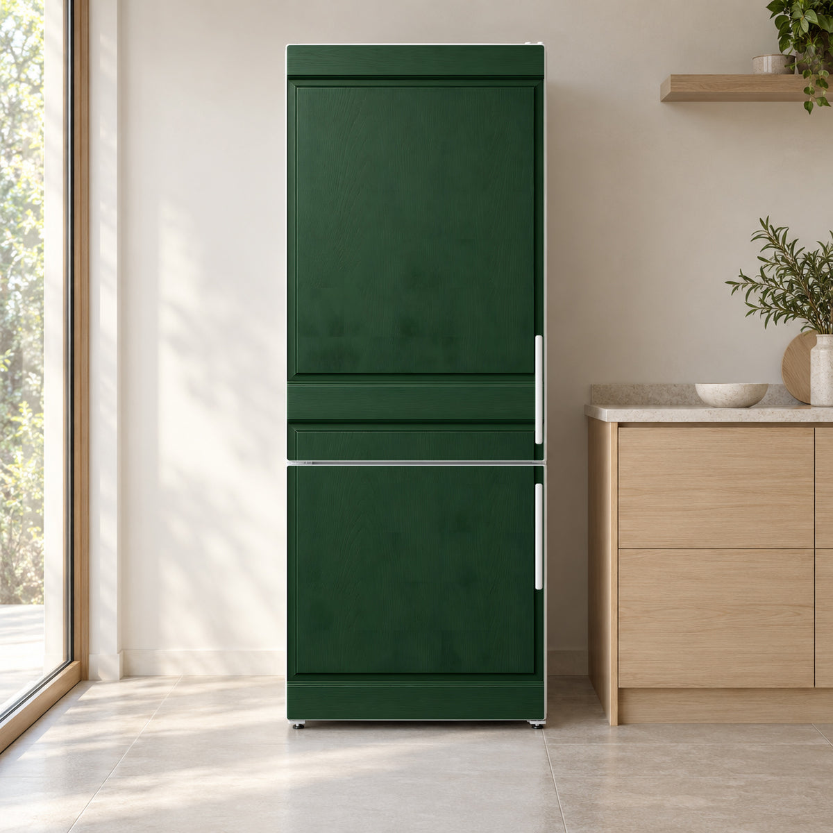 Deep Green Shaker Cabinet Look fridge wrap on a white refrigerator in a bright kitchen