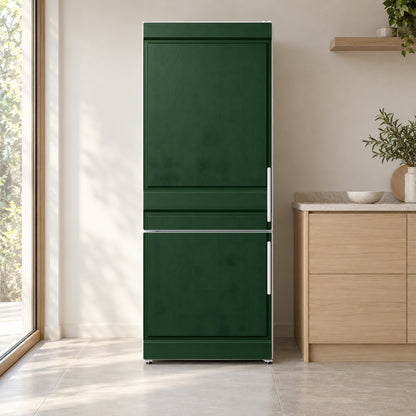 Deep Green Shaker Cabinet Look fridge wrap on a white refrigerator in a bright kitchen