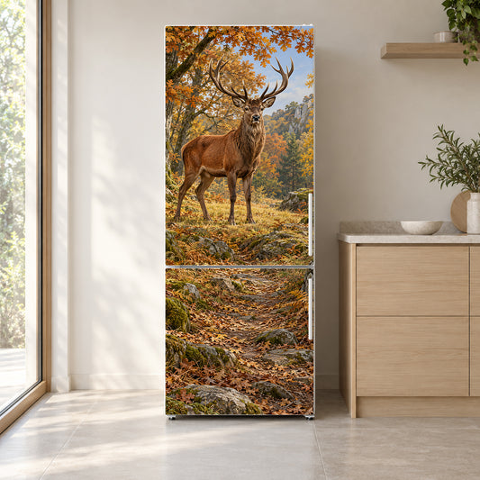 Deer in Autumn Forest fridge wrap on a white refrigerator in a bright kitchen