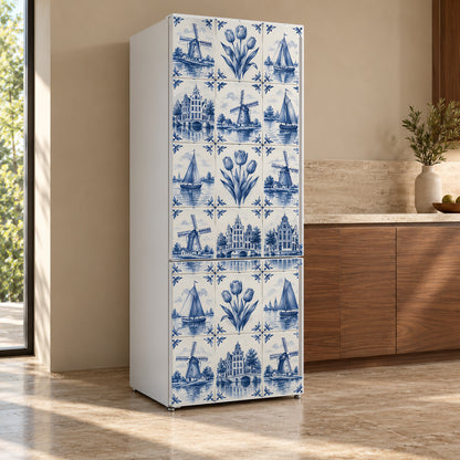 Delft Blue Tiles fridge wrap, refrigerator shown at an angle