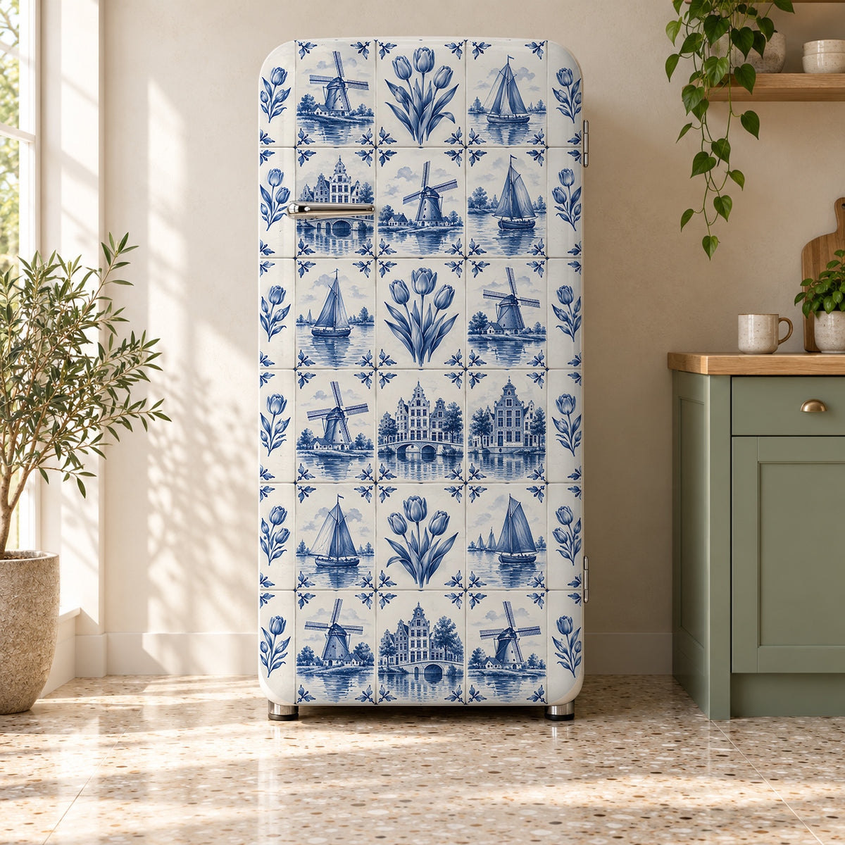 Delft Blue Tiles fridge wrap on a retro refrigerator